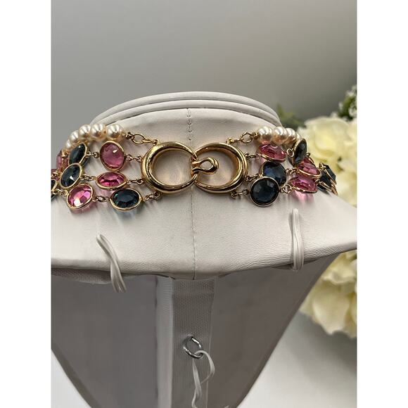 D.S. Co. Daniel Swarovski Vintage Triple Strand Pearl Pink Blue Crystal Necklace - Picture 10 of 11